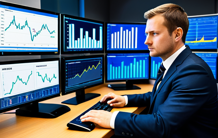 A professional adult, fully clothed in a modest business suit, sitting at a modern desk in a sleek office environment. The person's expression conveys deep contemplation and slight overwhelm, with a hand hovering over a computer mouse, surrounded by multiple glowing screens displaying various charts, data points, and endless options. The background shows a sense of a complex, overwhelming information landscape. The scene should emphasize the feeling of being stuck due to too many choices. perfect anatomy, correct proportions, well-formed hands, natural body proportions, natural pose, professional photography, high quality, safe for work, appropriate content, family-friendly.